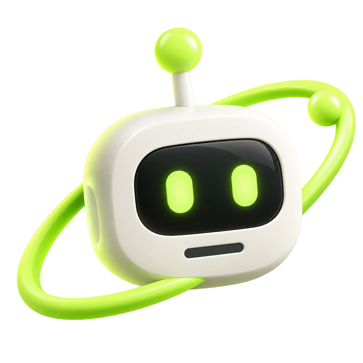 Orbit, an ivory robot with bright lime eyes and a planetary ring